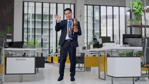Wallpaper Mural Full Body Of Asian Business Man In A Suit And Tie With A Gold Medal And Trophy Waving His Hand And Smiling To Camera As The First Winner In Office Torontodigital.ca