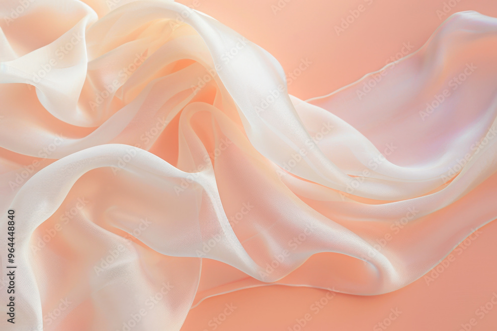 Fototapeta premium Delicate white chiffon fabric, soft flowing texture on peach background