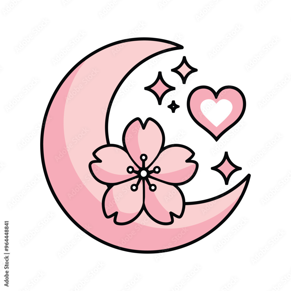 Crescent moon with sakura flower and heart Crescent moon with sakura flower and heart