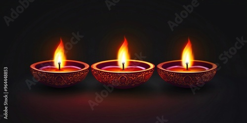 Three bright, lit diyas symbolizing Diwali, the festival of lights. Their glowing flames illuminate the dark background, celebrating the essence of Deepavali, similar to the rangoli decorations.