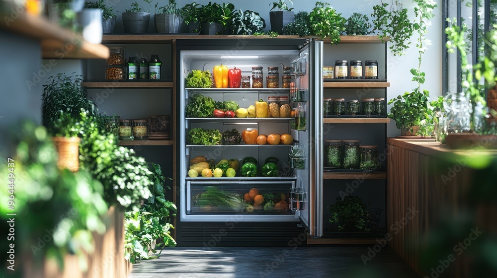 Modern Kitchen with Open Refrigerator Full of Fresh Produce Modern Kitchen with Open Refrigerator Full of Fresh Produce