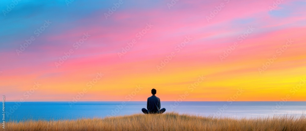 Contemplative Moment on Cliff's Edge: A Peaceful Ocean Sunset. Contemplative Moment on Cliff's Edge: A Peaceful Ocean Sunset.