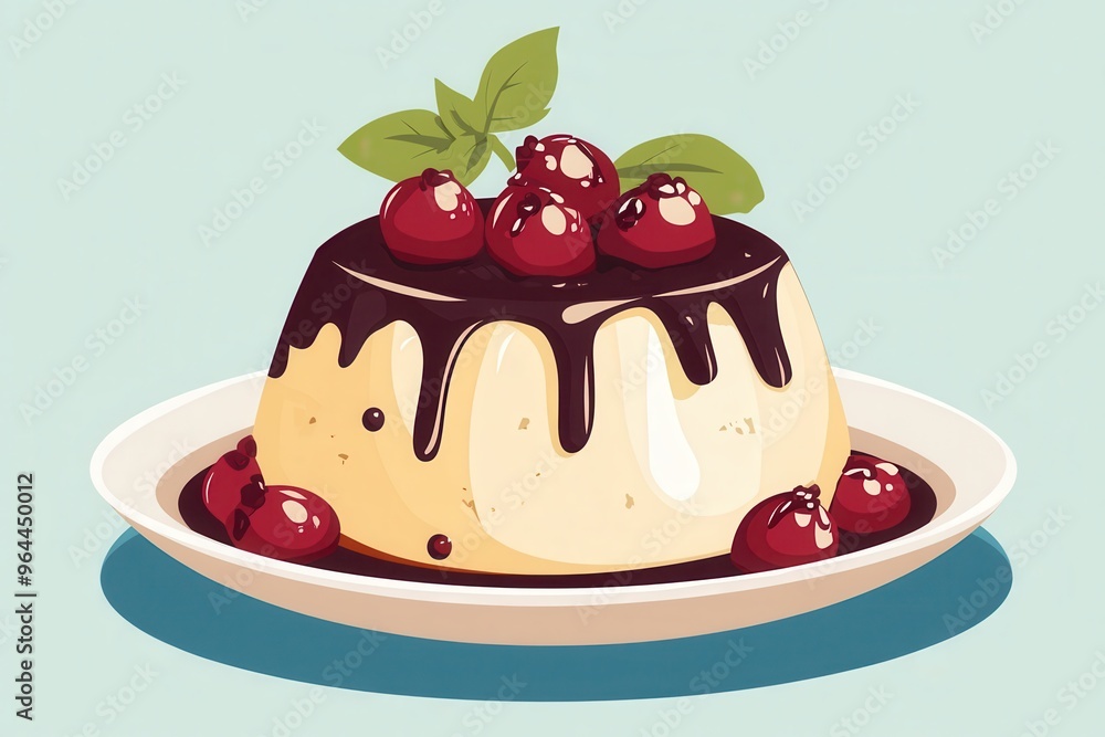 A creamy dessert topped with chocolate sauce and fresh berries on a white plate. A creamy dessert topped with chocolate sauce and fresh berries on a white plate.