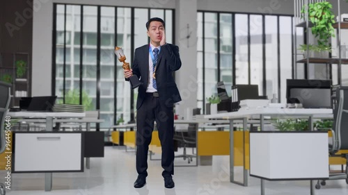 Wallpaper Mural Full Body Of Asian Business Man In A Suit And Tie With A Gold Medal Holding A Gold Trophy And Yelling Positively With Hand Over Mouth In Office Torontodigital.ca