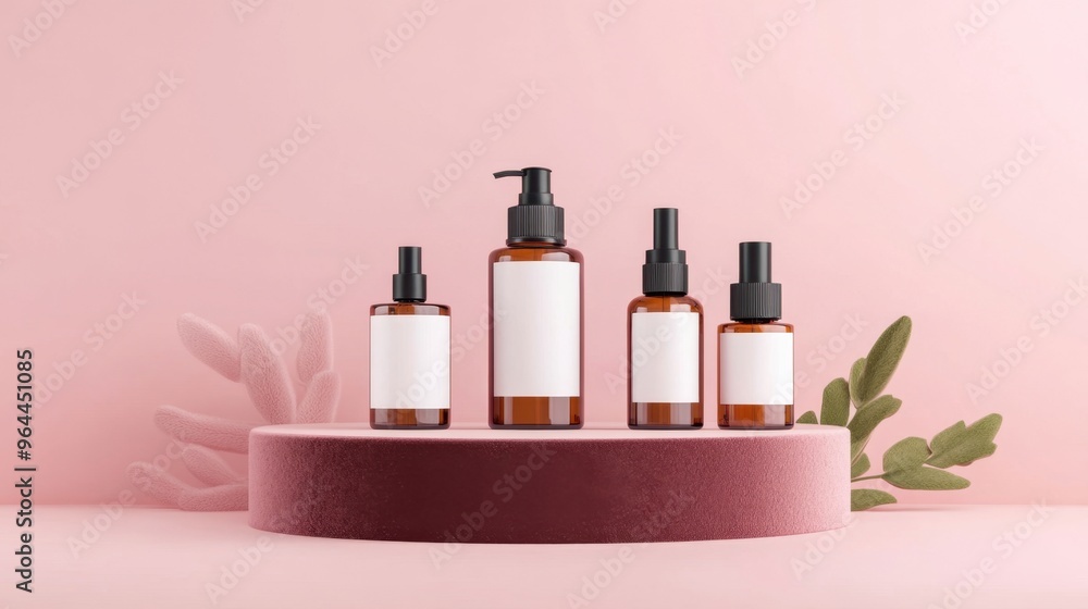 Elegant collection of cosmetic bottles on a pink backdrop Elegant collection of cosmetic bottles on a pink backdrop