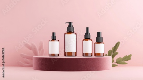 Elegant collection of cosmetic bottles on a pink backdrop