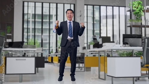 Wallpaper Mural Full Body Of Asian Business Man In A Suit And Tie Looking At A Gold Medal Then Screaming Goal Celebrating Winning As The First Winner In Office Torontodigital.ca