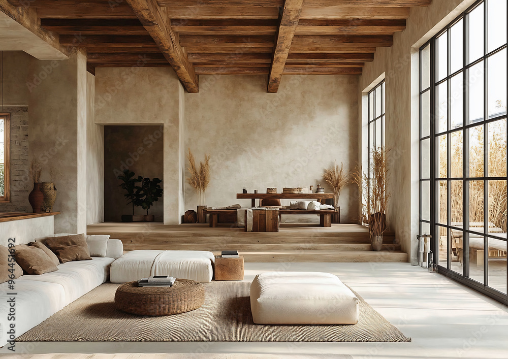 Modern living space in a loft. Living room in a minimalist design. Modern living space in a loft. Living room in a minimalist design.