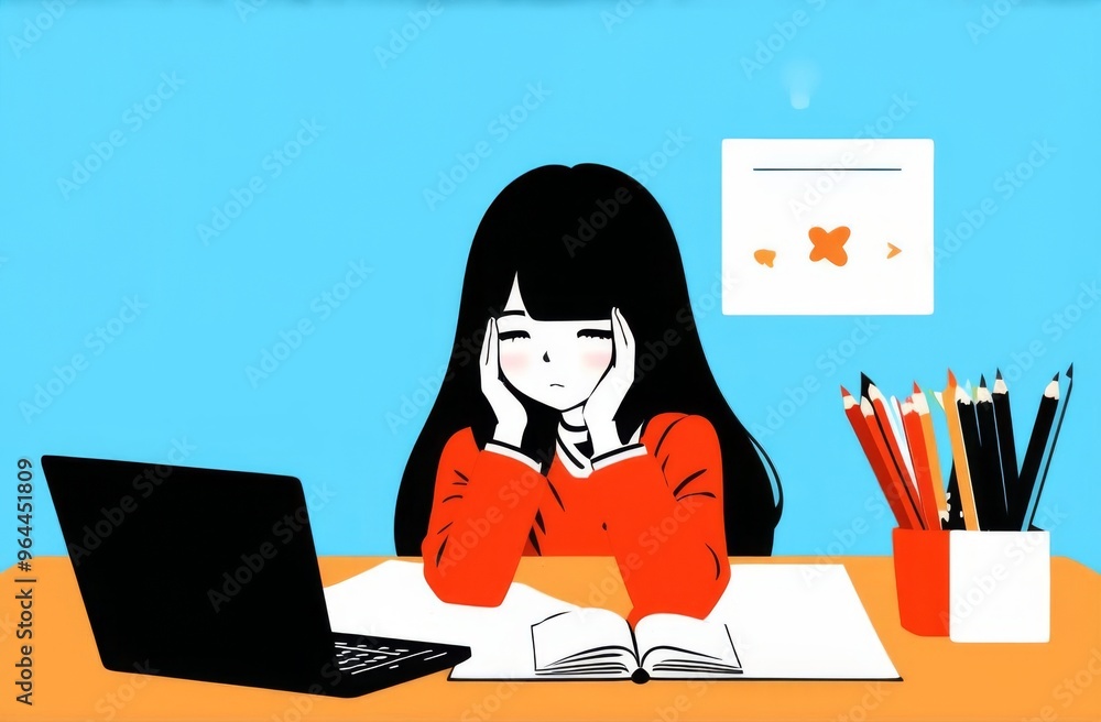 Tired Asian schoolgirl sitting at the table with textbooks, notebooks, holding her head, experiencing difficulties with studying Tired Asian schoolgirl sitting at the table with textbooks, notebooks, holding her head, experiencing difficulties with studying
