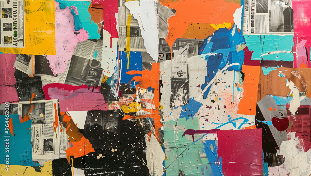 Fototapeta premium Collage of various pieces includes newspaper clip, torn paper elements, paint splatters, and vibrant hues, layers upon layers of texture showing abstract expressionist piece.