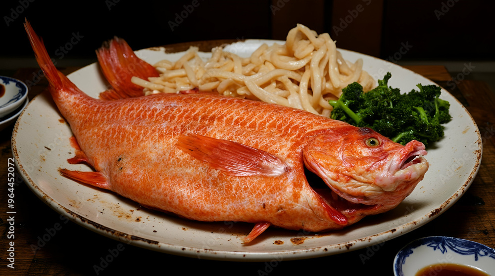 A close up of a super big entire fish prepared peking duck style very big served on a large trad A close up of a super big entire fish prepared peking duck style very big served on a large trad