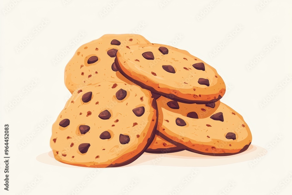 A stack of four chocolate chip cookies, isolated on a white background. A stack of four chocolate chip cookies, isolated on a white background.