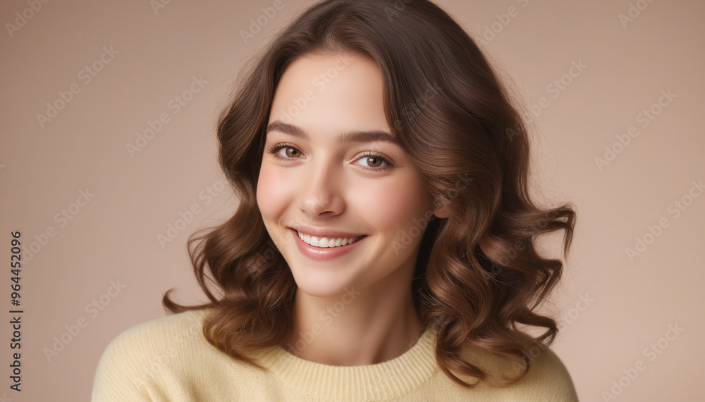 Radiant Young Woman with Curly Hair Smiling Against a Soft Background Radiant Young Woman with Curly Hair Smiling Against a Soft Background