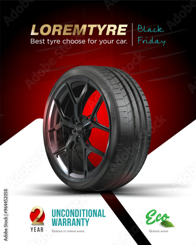 Tyre poster. Car black rubbe wheel with rim.