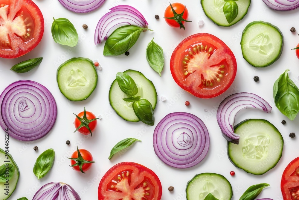 Creative Layout of Sliced Tomato and Vegetables Creative Layout of Sliced Tomato and Vegetables