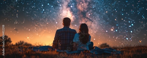A couple lying on a picnic blanket, looking up at the stars with expressions of wonder against a white grass field.
