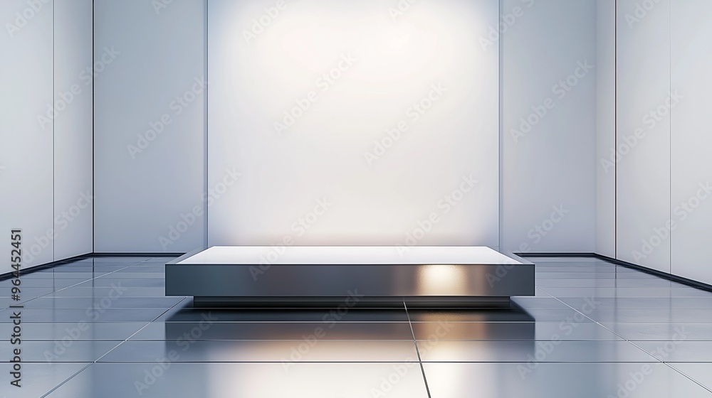 A clean and modern luxury space featuring smooth white walls and a blank and empty sleek metallic platform, surrounded by a glossy ceramic tile floor, perfect for product displays. A clean and modern luxury space featuring smooth white walls and a blank and empty sleek metallic platform, surrounded by a glossy ceramic tile floor, perfect for product displays.