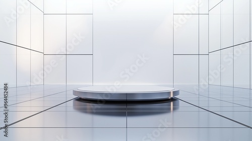 A clean and modern luxury space featuring smooth white walls and a blank and empty sleek metallic platform, surrounded by a glossy ceramic tile floor, perfect for product displays.