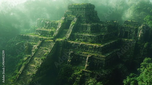 Sri Lankan Heritage: Ancient Sigiriya Lion Rock Ruins with Foggy Backdrop photo