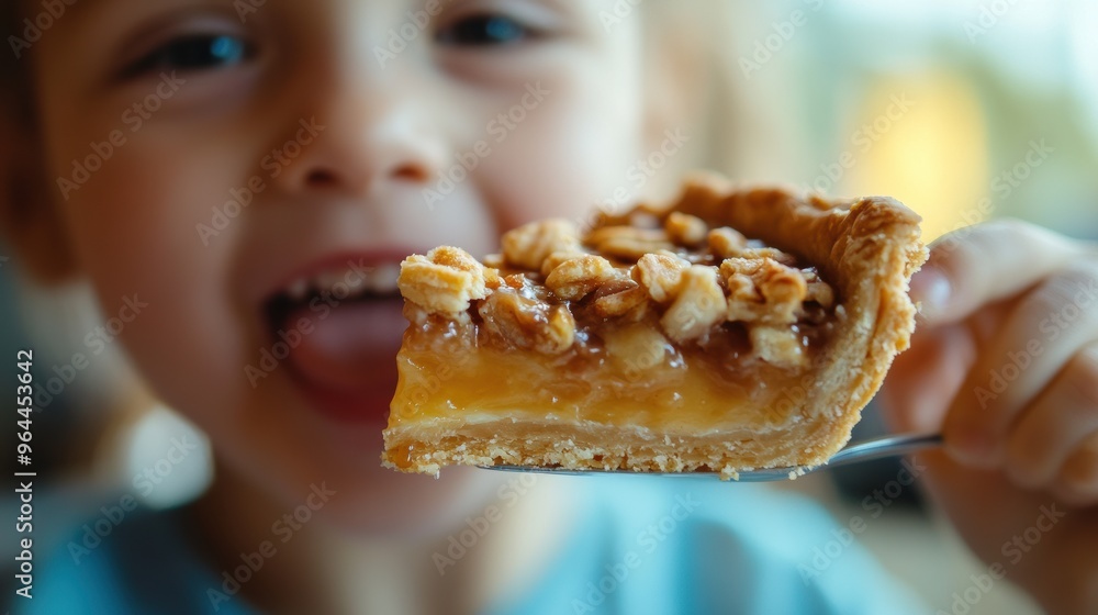 Child Enjoying Delicious Pie Slice with Tasty Toppings Child Enjoying Delicious Pie Slice with Tasty Toppings