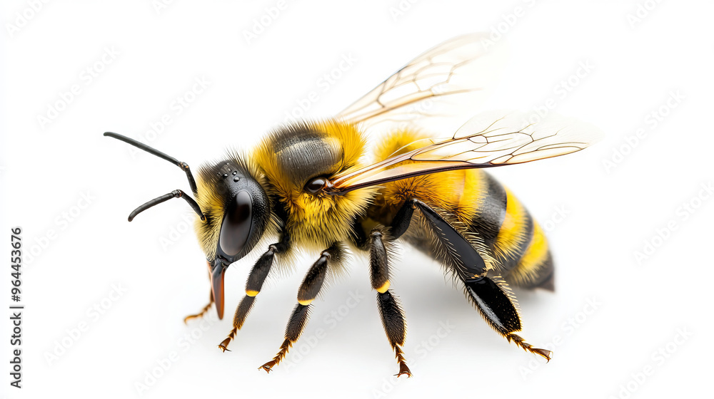 A bee, with its yellow and black stripes, is shown against a plain white background. A bee, with its yellow and black stripes, is shown against a plain white background.