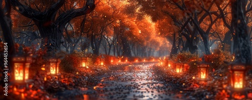 Pathway lined with autumn lanterns