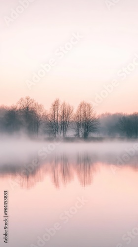 A serene lakeside dawn, with wisps of mist dancing on the water.