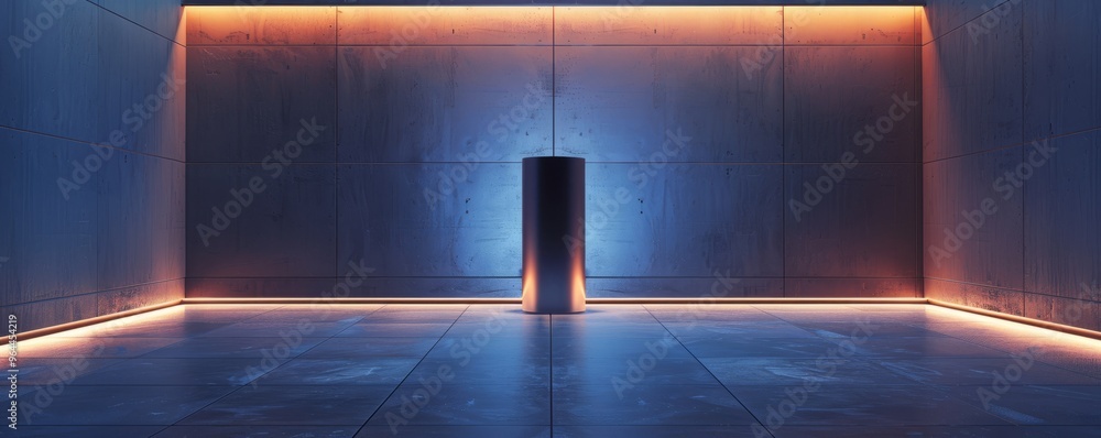 Modern steel pedestal with a minimalist design, illuminated by cool, white lighting. Modern steel pedestal with a minimalist design, illuminated by cool, white lighting.