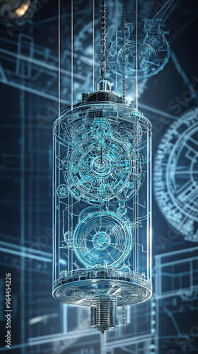 Intricate mechanical structure with gears and cogs suspended in a glowing blueprint-like environment, emphasizing precision engineering and futuristic technology, perfect for digital concepts  photo