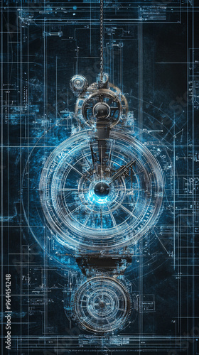 Intricate mechanical structure with gears and cogs suspended in a glowing blueprint-like environment, emphasizing precision engineering and futuristic technology, perfect for digital concepts  photo