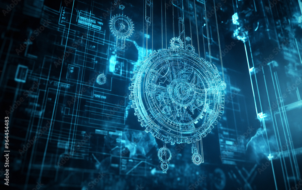 Intricate mechanical structure with gears and cogs suspended in a glowing blueprint-like environment, emphasizing precision engineering and futuristic technology, perfect for digital concepts Intricate mechanical structure with gears and cogs suspended in a glowing blueprint-like environment, emphasizing precision engineering and futuristic technology, perfect for digital concepts