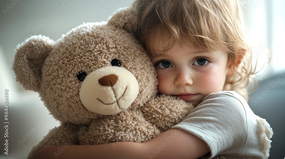 A young child embraces a soft teddy bear in a cozy environment. This heartwarming image captures innocence and comfort. Ideal for family, childhood, and emotional themes. AI A young child embraces a soft teddy bear in a cozy environment. This heartwarming image captures innocence and comfort. Ideal for family, childhood, and emotional themes. AI
