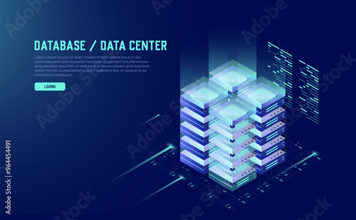 Neon Dark Gradient Concept: Isometric Data Center, Server Room, and Big Data Processing Icon for Digital Information Technology