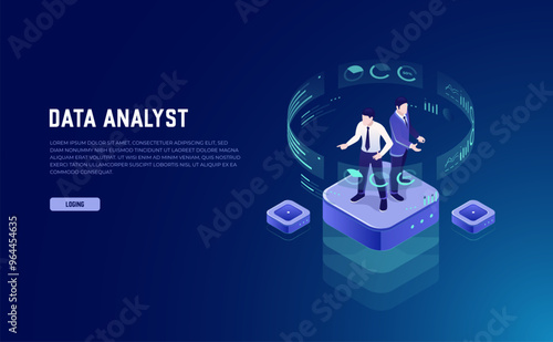 Administrator Analyzes Data Chart: Man looks at graphic chart, Virtual Reality, Business Analytics, Big Data Processing, Server Room, Isometric Neon Vector Illustration