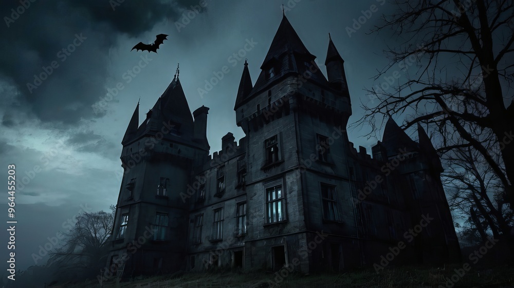 Halloween castle scenery with full moon in majestic night sky and highly detailed natural environment landscape. Halloween background. Horror scene for Halloween Halloween castle scenery with full moon in majestic night sky and highly detailed natural environment landscape. Halloween background. Horror scene for Halloween