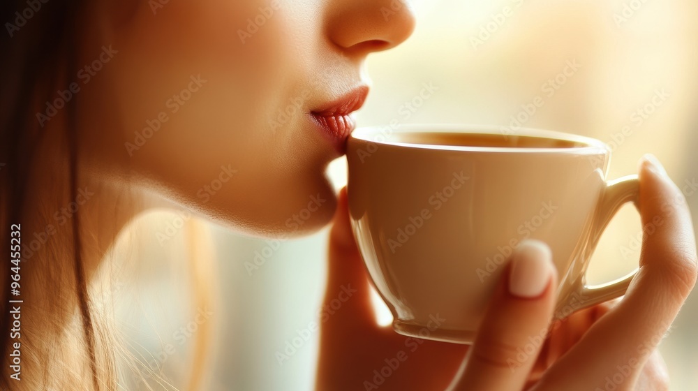 Woman Sipping Coffee in Soft Morning Light Woman Sipping Coffee in Soft Morning Light