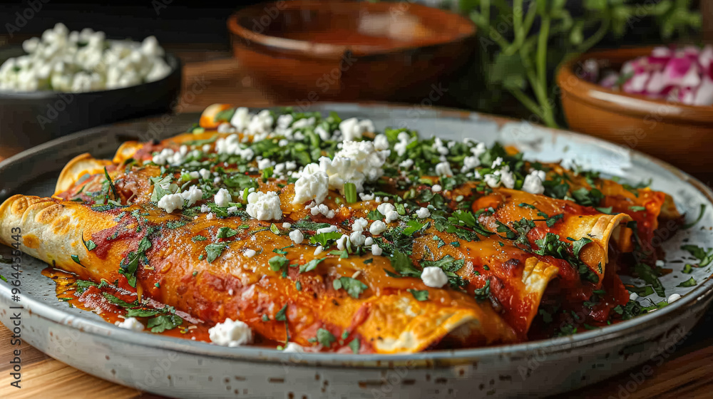 A plate of enchiladas with cheese and cilantro. The dish is served on a wooden table A plate of enchiladas with cheese and cilantro. The dish is served on a wooden table
