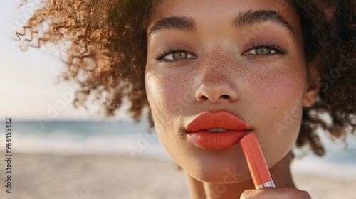 Portrait of a Woman Applying Lipstick at the Beach