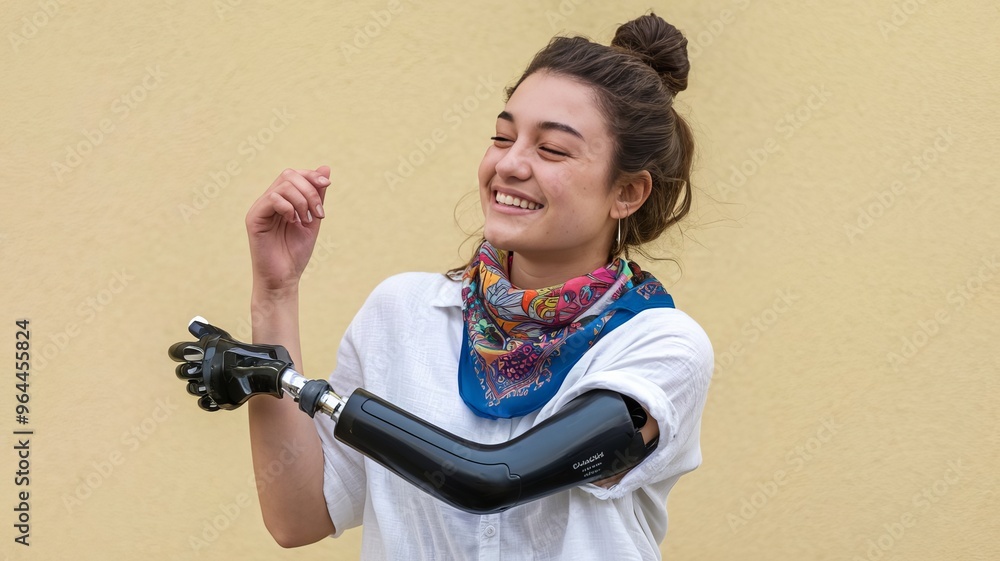 © Oleg Kulazhenko - Portrait of a young, happy disabled girl with a prosthesis instead of an arm. Inclusiveness © Oleg Kulazhenko - Portrait of a young, happy disabled girl with a prosthesis instead of an arm. Inclusiveness