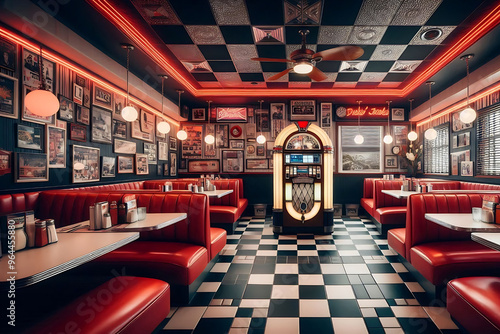 1950s-style diner with checkered floors, red booths, and a jukebox.