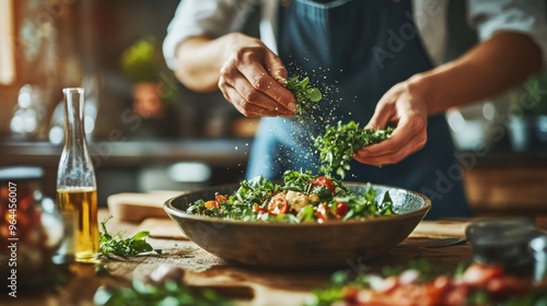 Preparing a Fresh Salad with Herbs and Ingredients