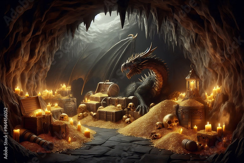 dragon guarding gold in cave image