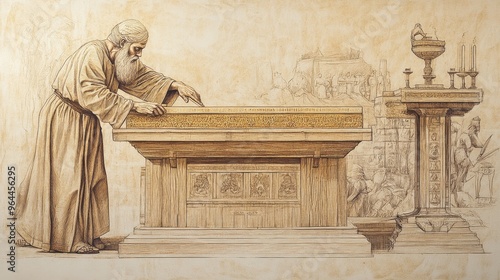 Exodus:The Ark, Table, and Lampstand, Biblical Illustration of Bezalel Carving Ark of the Covenant from Acacia Wood, Preparing for Gold Overlay - Bible Wall Art on Beige Background photo