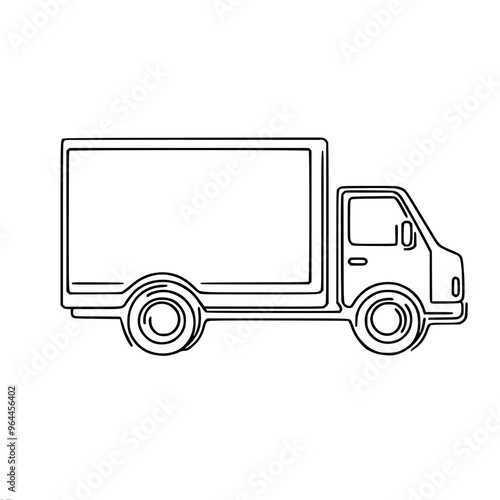 Linear vector drawing of a truck with a large cargo compartment and two visible wheels, done in a minimalist style