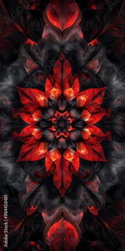 Symmetrical Red and Black Floral Digital Artwork