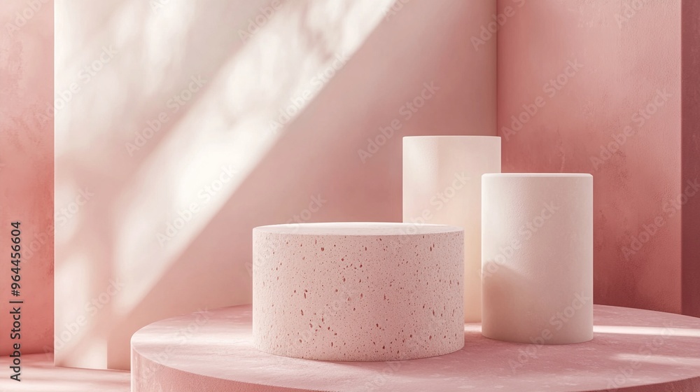 Minimalist pink podium display with textured and smooth cylinders casting soft shadows, perfect for product presentation or modern decor. Minimalist pink podium display with textured and smooth cylinders casting soft shadows, perfect for product presentation or modern decor.