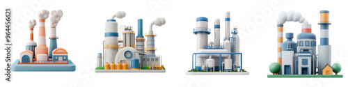 A collection of colorful industrial factories with smokestacks, showcasing diverse manufacturing facilities in a cartoon style. isolated on a transparent background