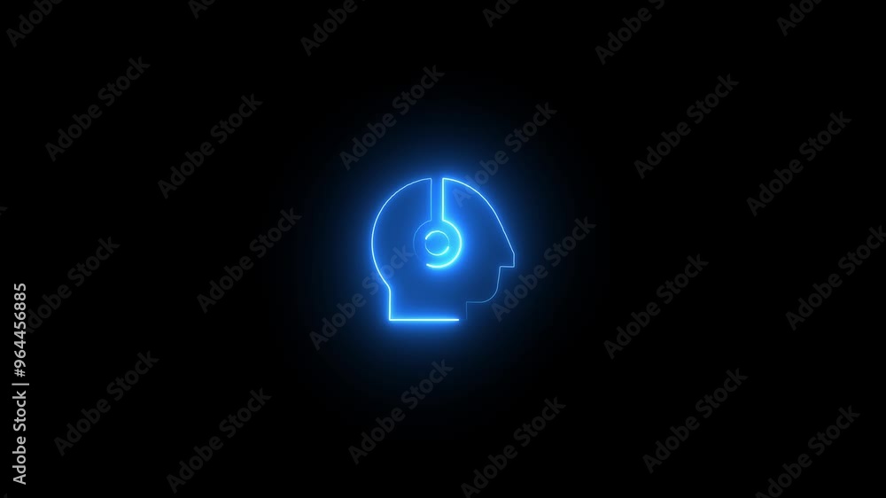 neon light Bright head side brain icon is jumping merrily on black background. neon light Bright head side brain icon is jumping merrily on black background.
