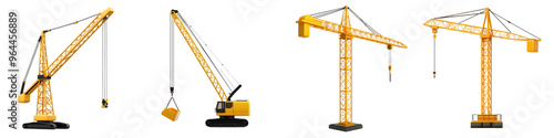 A collection of yellow construction cranes showcasing various positions and designs, ideal for construction and engineering themes. isolated on a transparent background