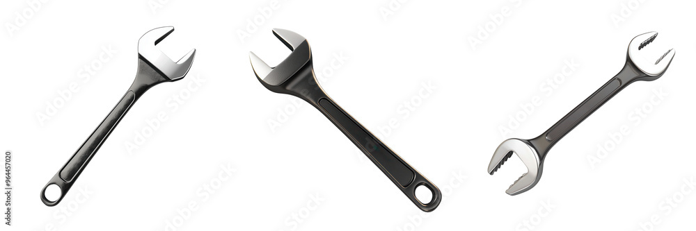 Close-up of three metallic wrenches arranged on a black background, symbolizing tools for repair and maintenance. isolated on a transparent background Close-up of three metallic wrenches arranged on a black background, symbolizing tools for repair and maintenance. isolated on a transparent background